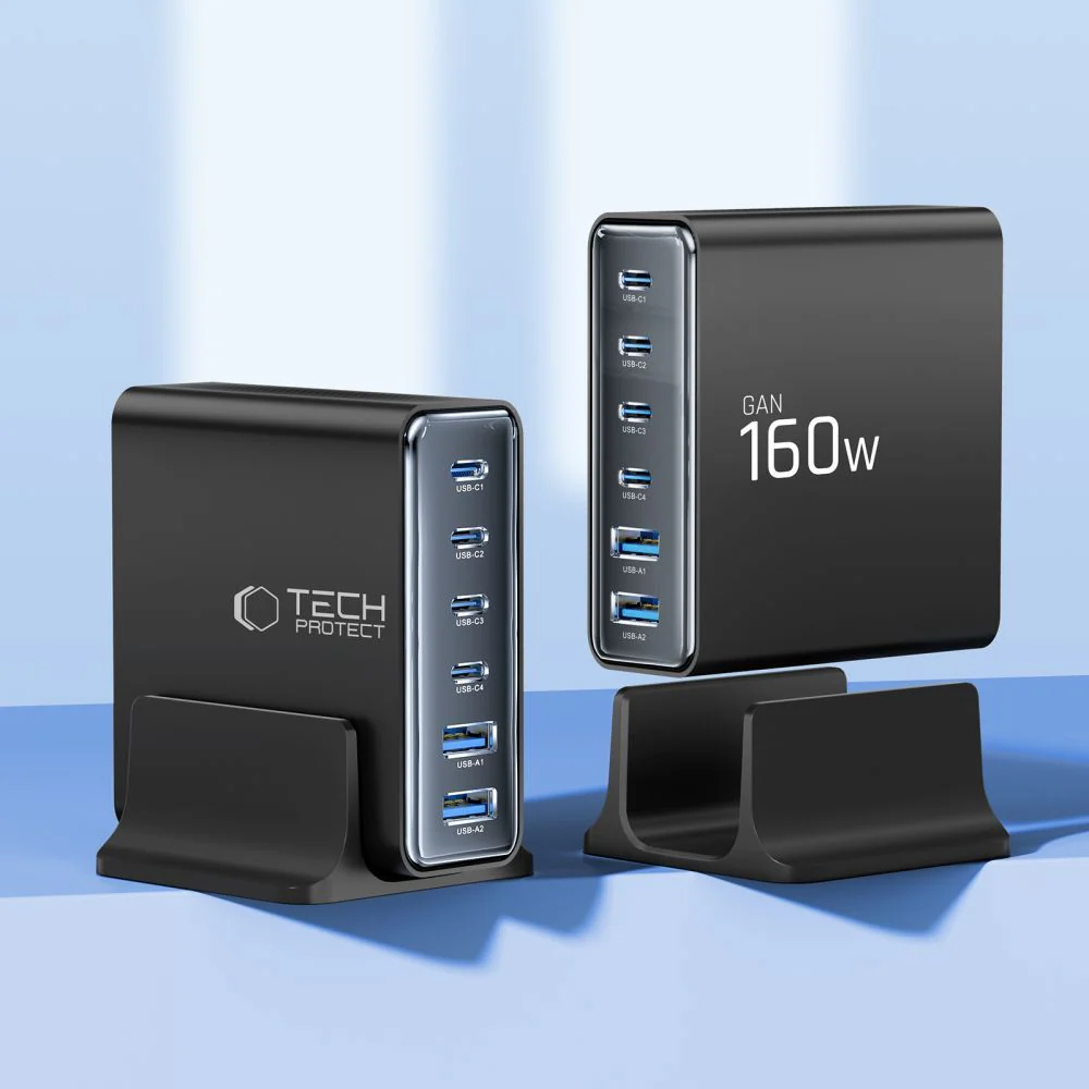 Tech-Protect DC160W-GAN Charging Station, 160W, 5A, 2 x USB-A - 4 x USB-C, Black - Image 2