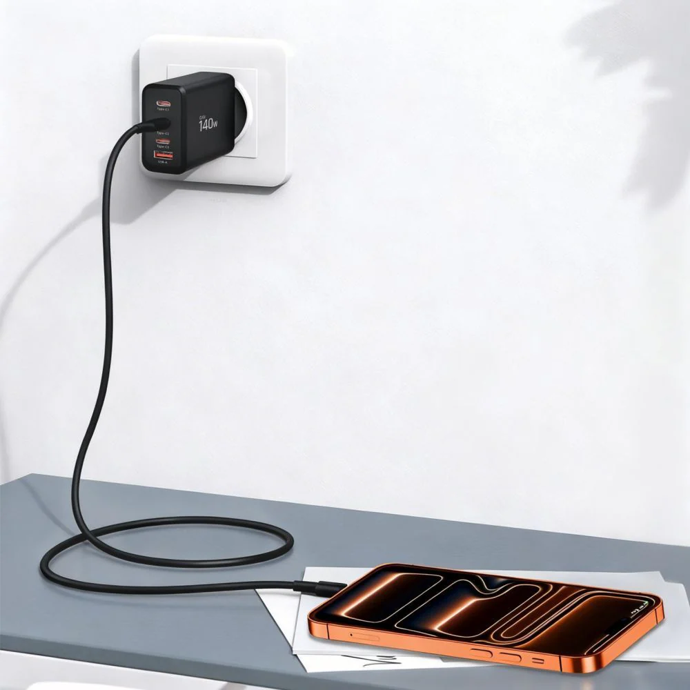 Tech-Protect NC140W-GAN Network Charger, 140W, 5A, 1 x USB-A - 3 x USB-C, Black - Image 7