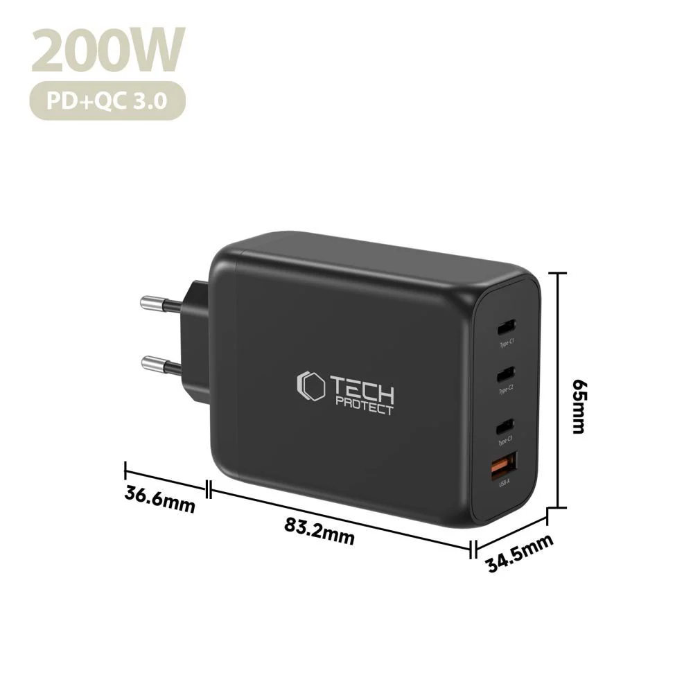 Tech-Protect NC200W-GAN Network Charger, 200W, 5A, 1 x USB-A - 3 x USB-C, Black - Image 4
