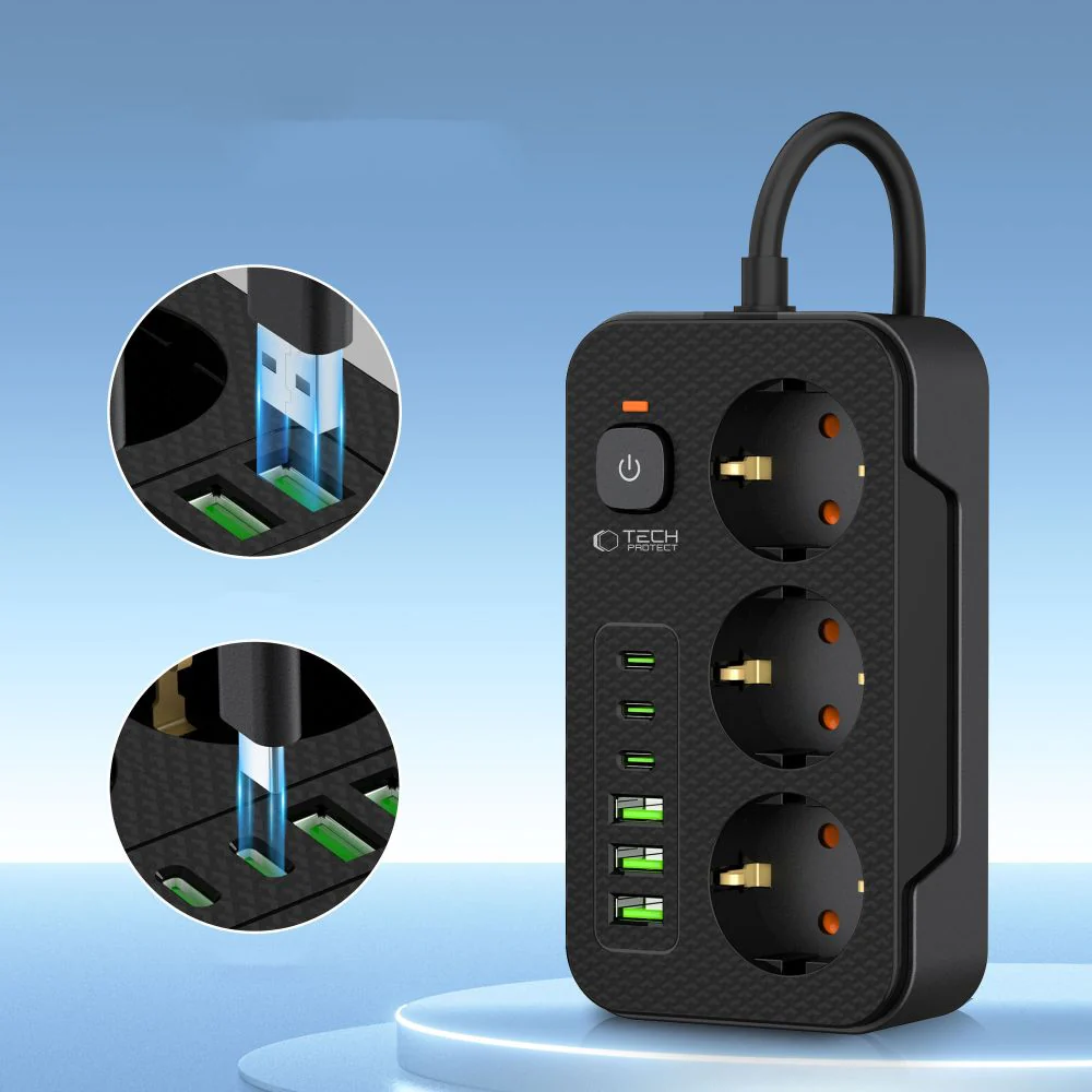 Tech-Protect PC3X6 Extension Cord, 3 x Schuko - 3 x USB-A - 3 x USB-C, Black - Image 3