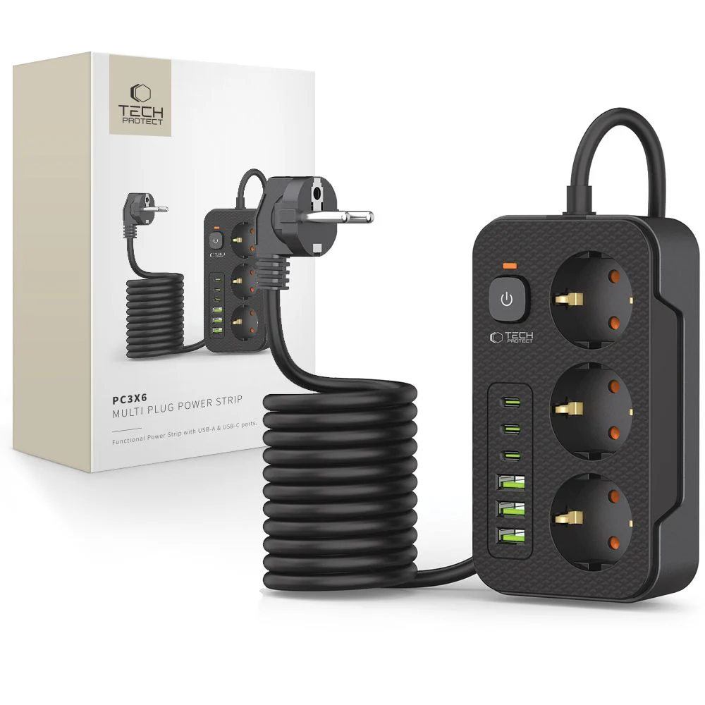 Tech-Protect PC3X6 Extension Cord, 3 x Schuko - 3 x USB-A - 3 x USB-C, Black - Image 6