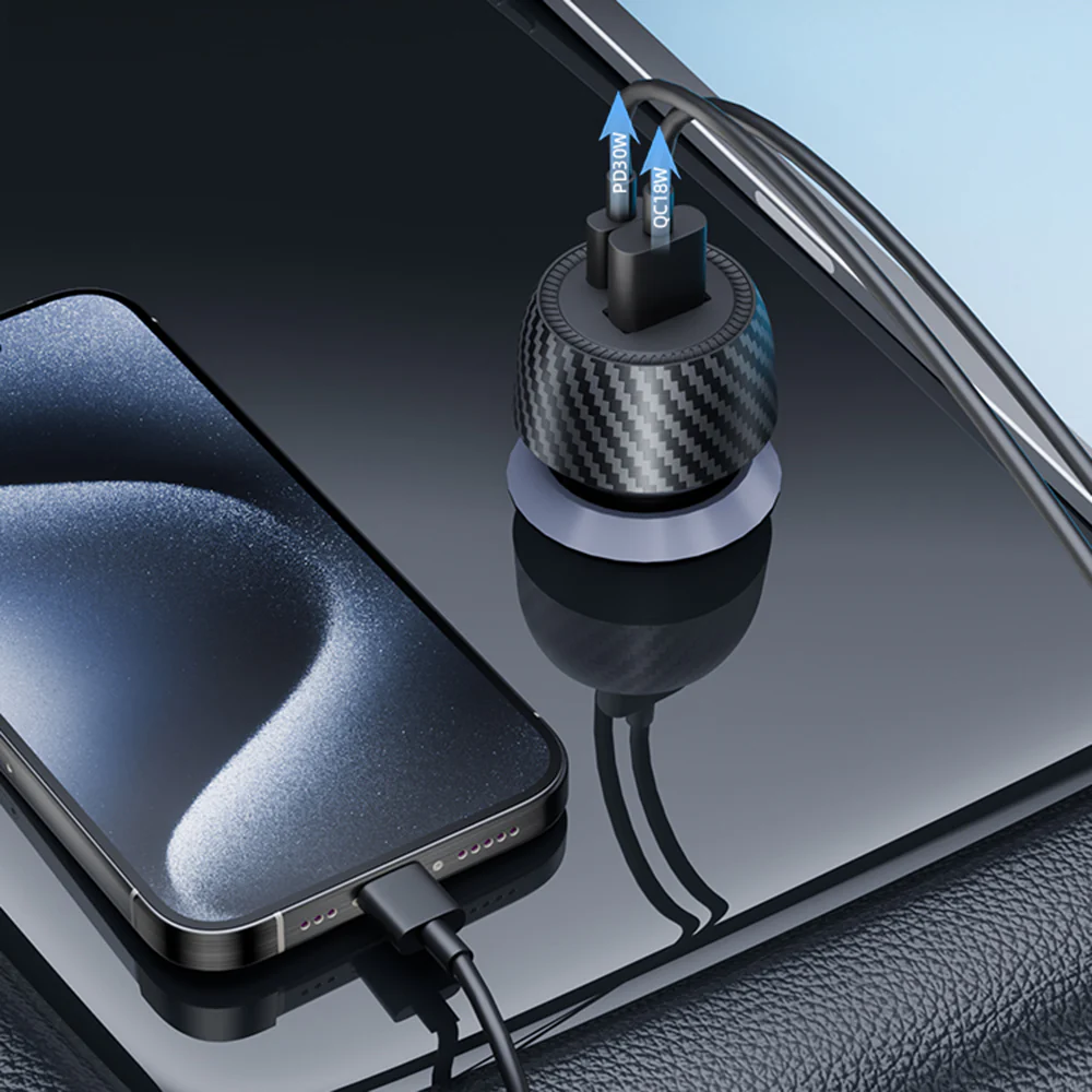 Techsuit C7 CarbonVolt Car Charger, 48W, 3A, 1 x USB-A - 1 x USB-C, Black - Image 6
