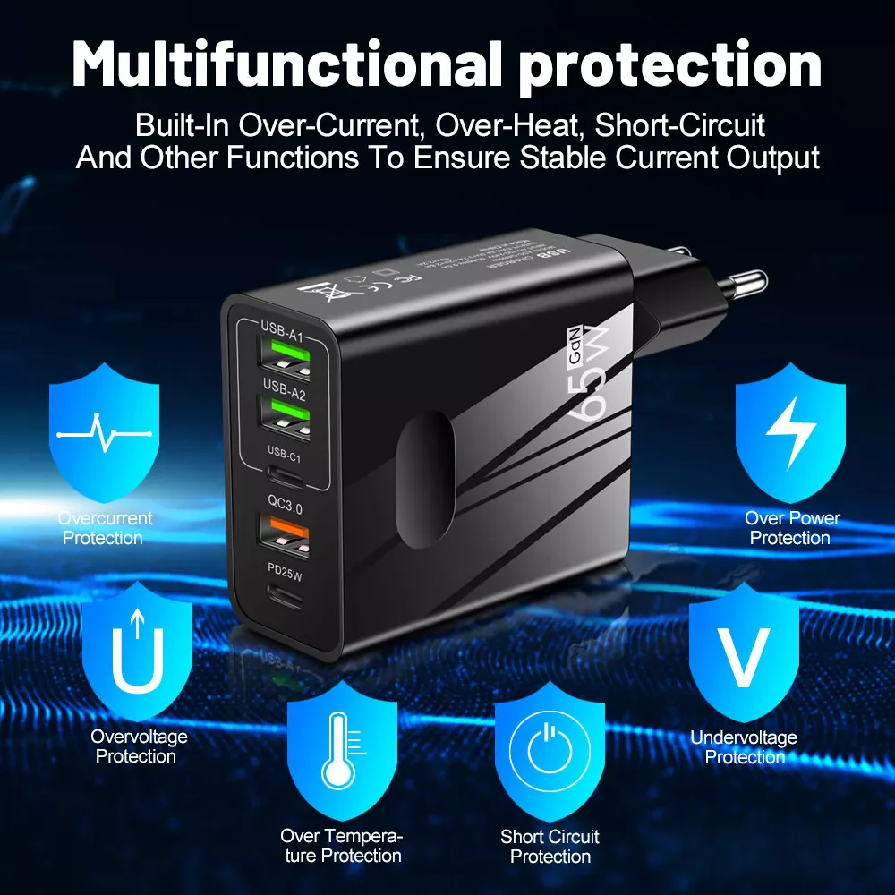 Techsuit CHC1 PentaXPower Network Charger, 25W, 3A, 3 x USB-A - 2 x USB-C, Black - Image 4