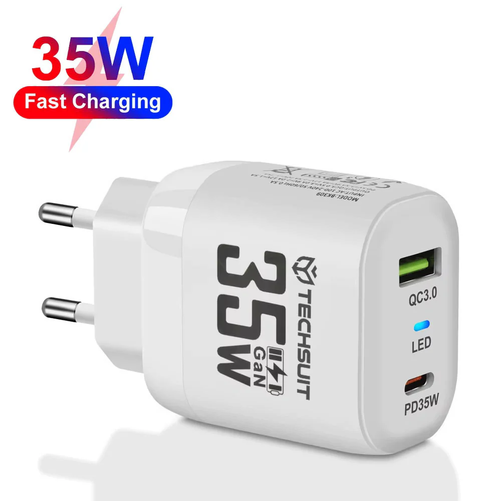 Techsuit CHPD174 Network Charger, 35W, 3A, 1 x USB-A - 1 x USB-C, White - Image 2