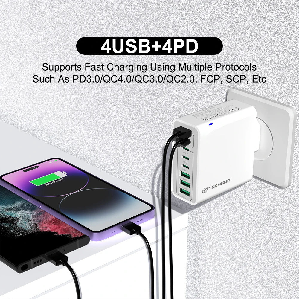 Techsuit CHPD224 Network Charger, 65W, 3.25A, 4 x USB-A - 4 x USB-C, White - Image 4