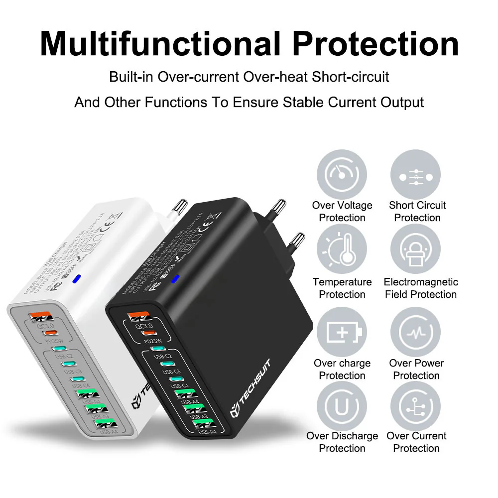 Techsuit CHPD224 Network Charger, 65W, 3.25A, 4 x USB-A - 4 x USB-C, White - Image 8