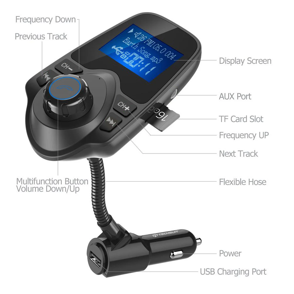 Techsuit MFM4 Bluetooth FM Modulator, 1 x USB-A - 1 x 3.5mm - 1 x microSD, Black - Image 3