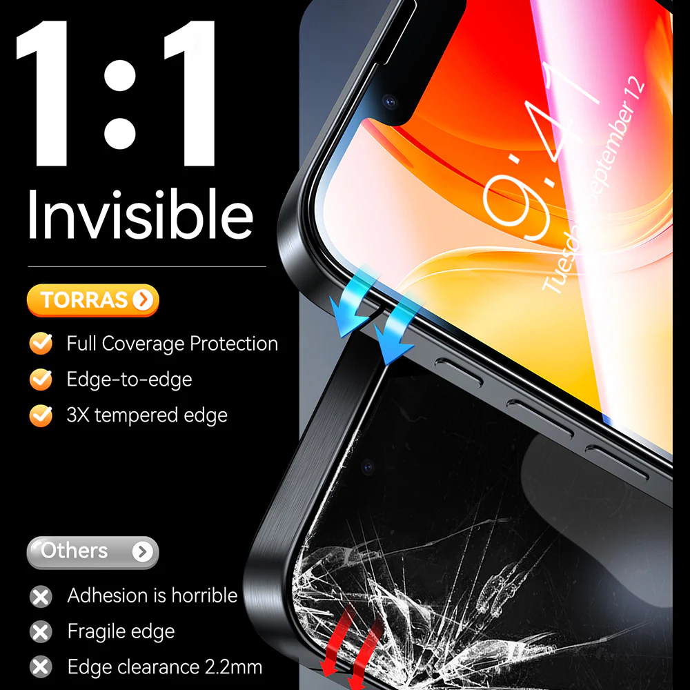 Torras GlassGo Install Master Screen Protector for Apple iPhone 17e / 16e / 14 / 13 Pro, Tempered Glass, Full Glue, Set of 2 pieces - Image 4