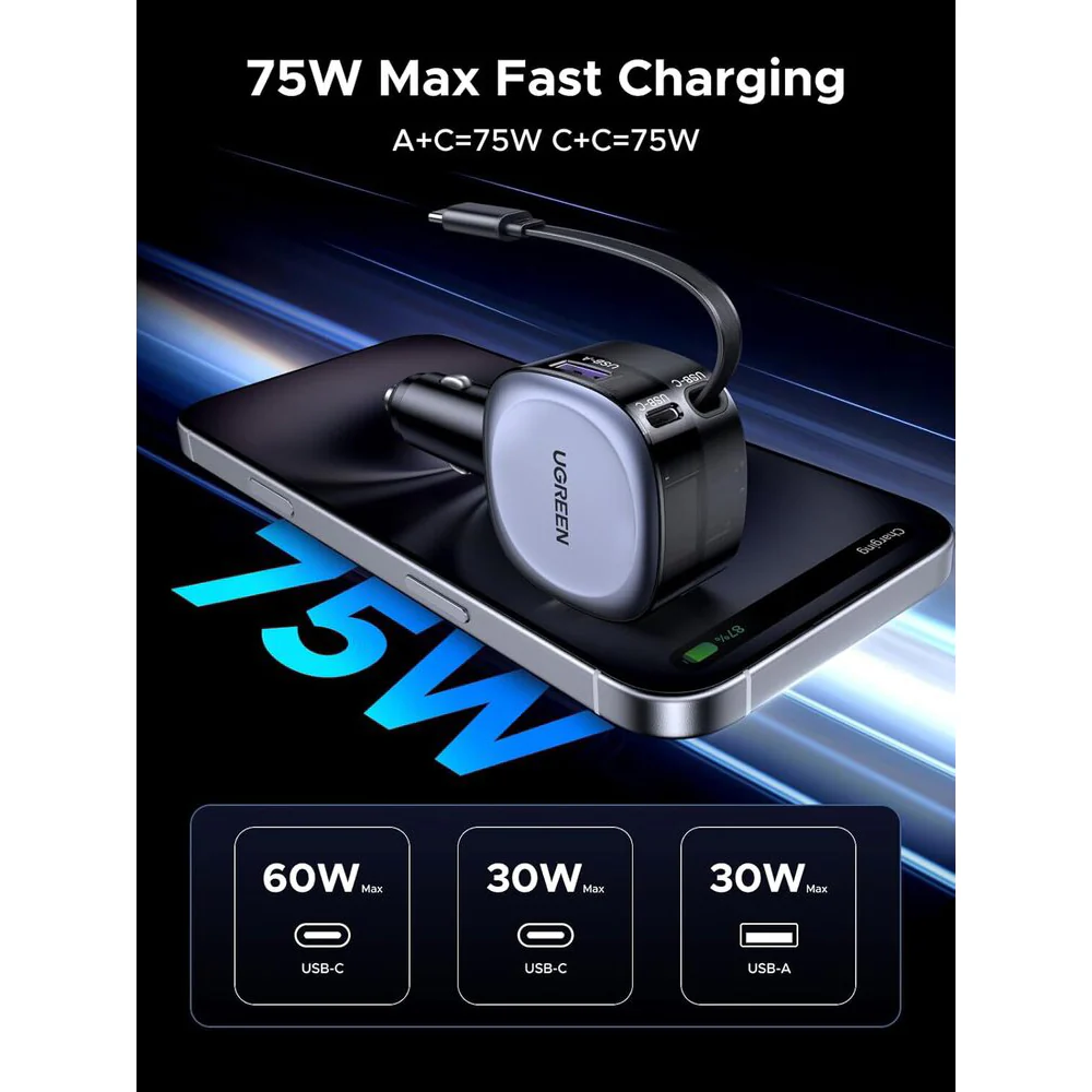 UGREEN EC601 Car Charger with USB-C Cable, 75W, 3A, 1 x USB-A - 1 x USB-C, Grey - Image 7