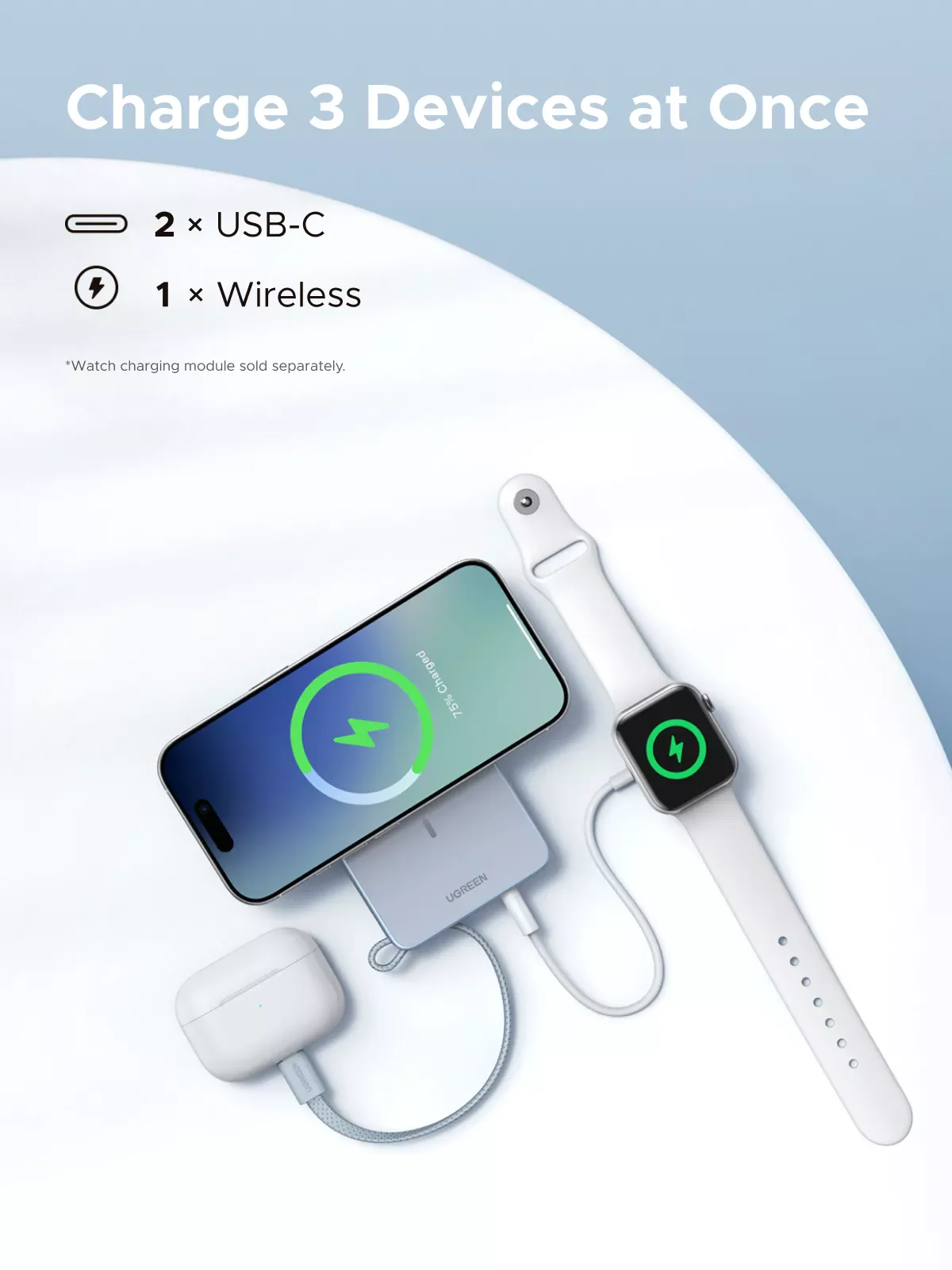 UGREEN MagFlow PB773 Wireless External Battery (65958), 10000mAh, 25W, PD + FQI, 1 x QI - 2 x USB-C, Blue - Image 12
