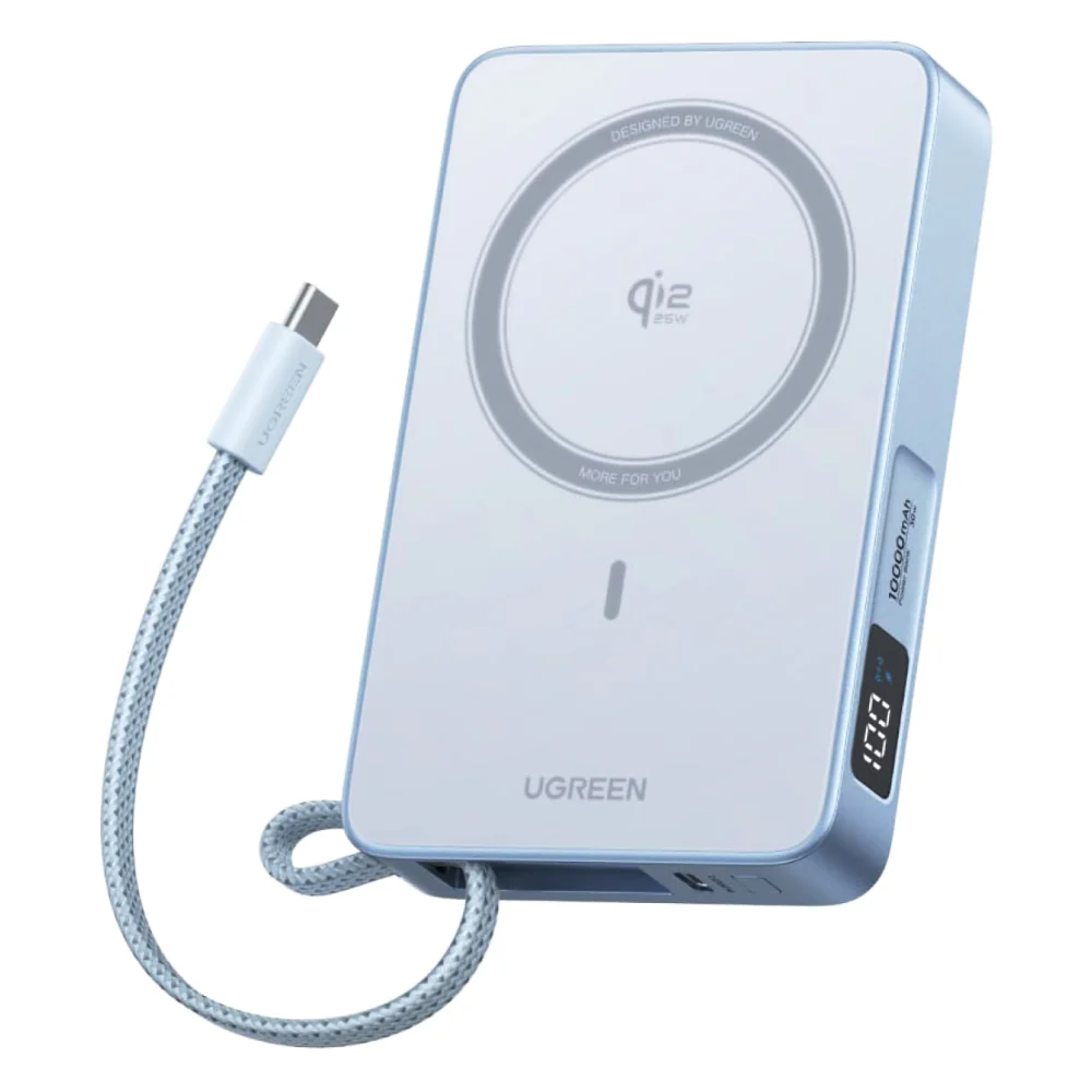 UGREEN MagFlow PB773 Wireless External Battery (65958B), 10000mAh, 25W, PD + FQI, 1 x QI - 2 x USB-C, Blue