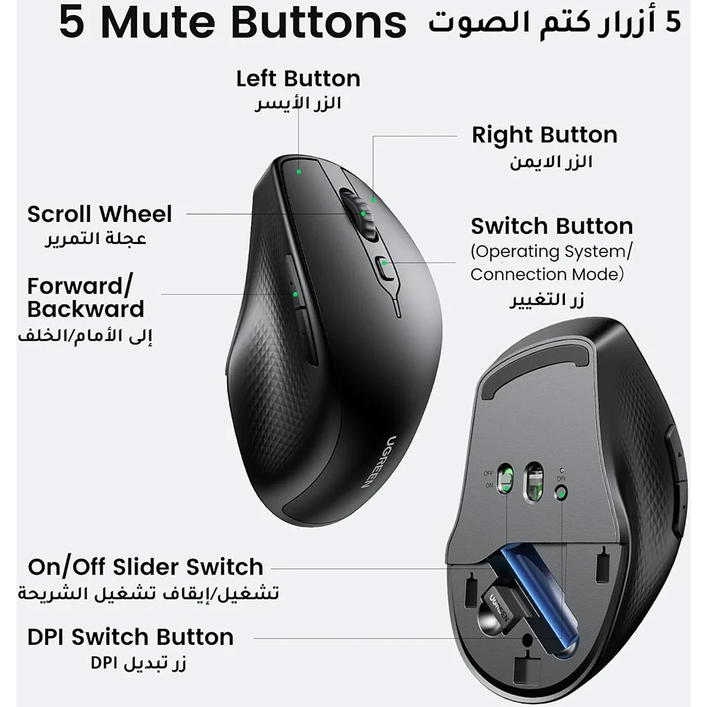 UGREEN MU101 Wireless Mouse, 4000DPI, BT / Wi-Fi, Black - Image 2