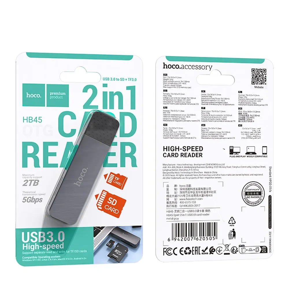 USB 3.0 HOCO HB45 Card Reader, SD - microSD, Gray - Image 5