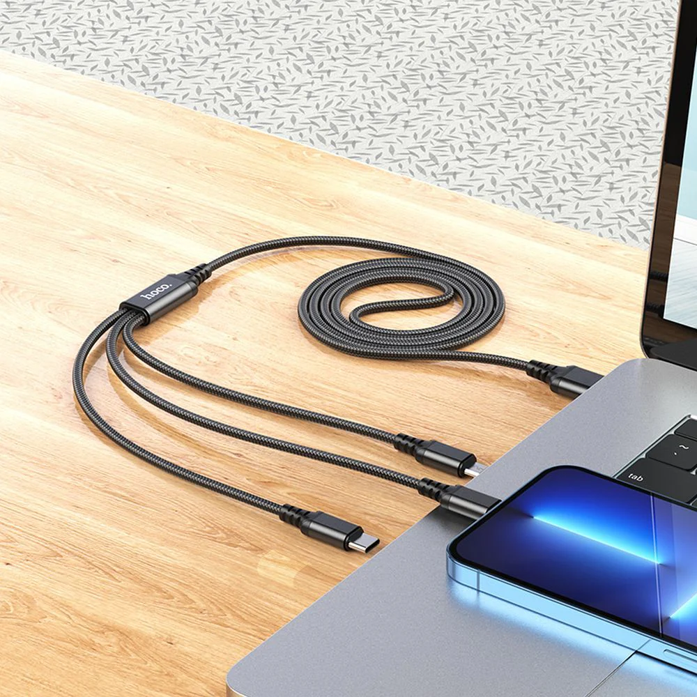 USB-A Charging Cable - Lightning / microUSB / USB-C HOCO X76 3in1, 18W, 1m, Black - Image 4