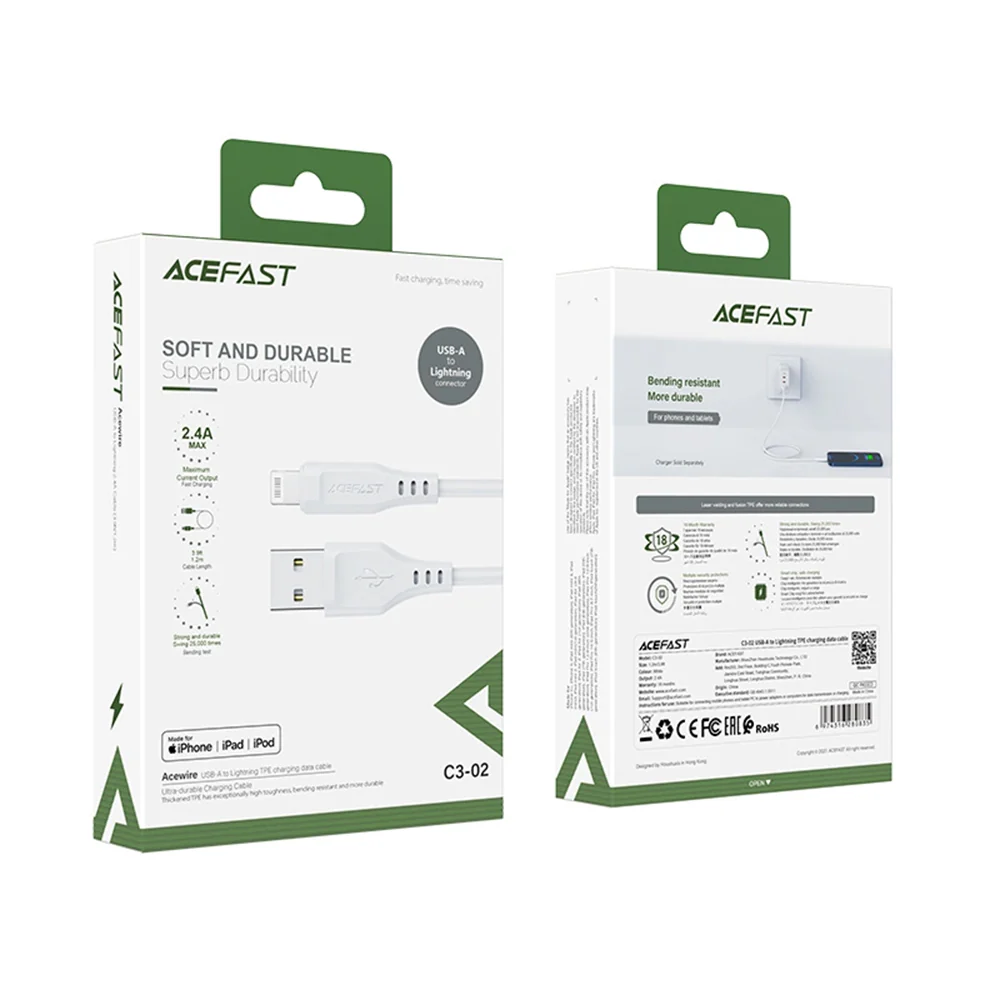 USB-A to Lightning Data and Charging Cable Acefast C3-02, 18W, 1.2m, White - Image 6