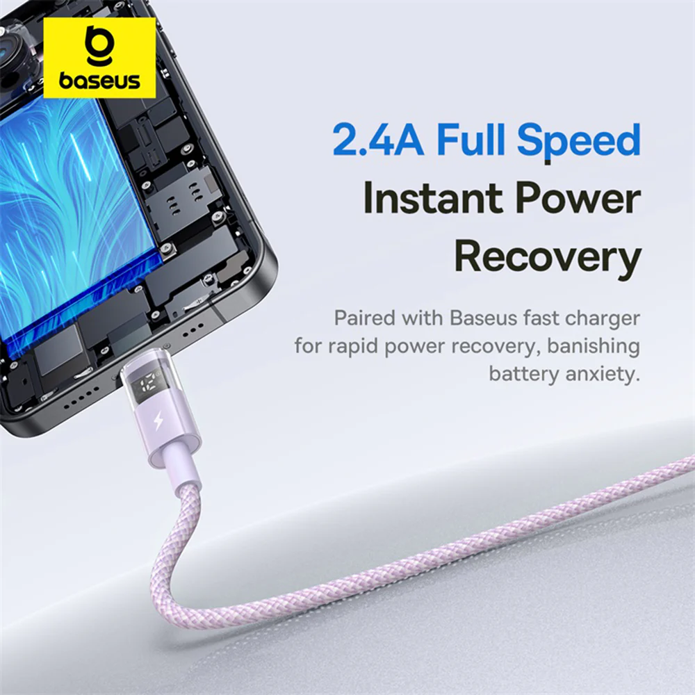 USB-A to Lightning Data and Charging Cable - Baseus Display 2, 12W, 2m, Purple P10382700511-01 - Image 6
