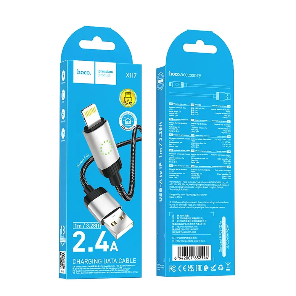 USB-A to Lightning Data and Charging Cable HOCO X117, 18W, 1m, Black - Image 4