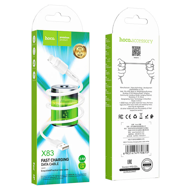 USB-A to Lightning Data and Charging Cable HOCO X83 Victory, 18W, 1m, White - Image 4