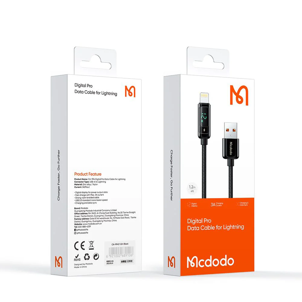 USB-A to Lightning McDodo CA-9940 Data and Charging Cable, 12W, 1.2m, Black - Image 7