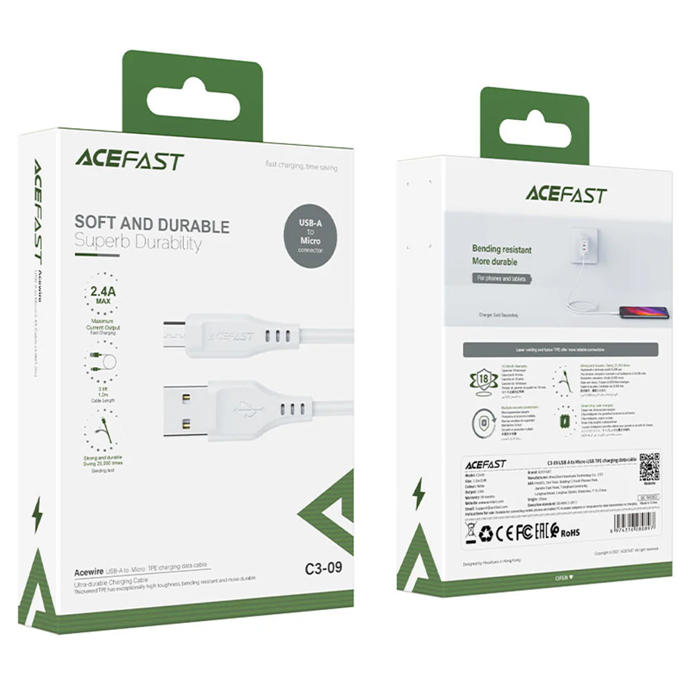 USB-A to microUSB Data and Charging Cable Acefast C3-09, 18W, 1.2m, White - Image 6