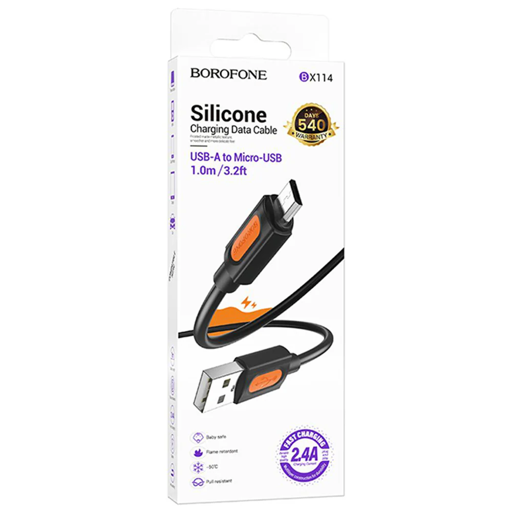 USB-A to microUSB Data and Charging Cable Borofone BX114 Silicone, 18W, 1m, Black - Image 3