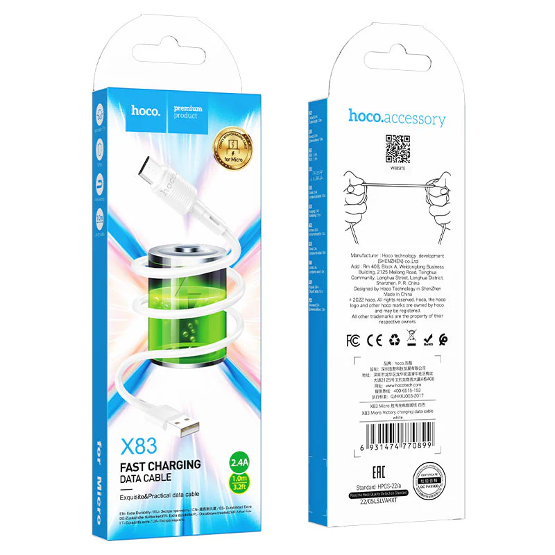 USB-A to microUSB Data and Charging Cable HOCO X83 Victory, 18W, 1m, White - Image 4