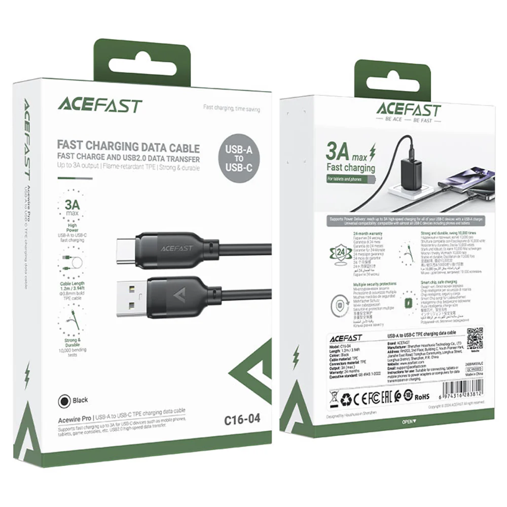 USB-A to USB-C Acefast C16-04 Data and Charging Cable, 18W, 1.2m, Black - Image 6