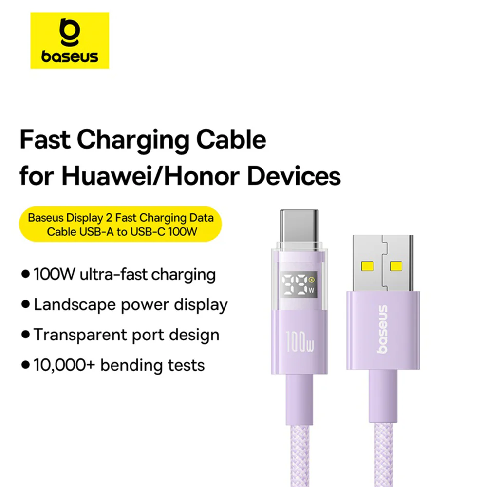USB-A to USB-C Baseus Display 2 Data and Charging Cable, 100W, 1m, Purple P10382701511-00 - Image 7