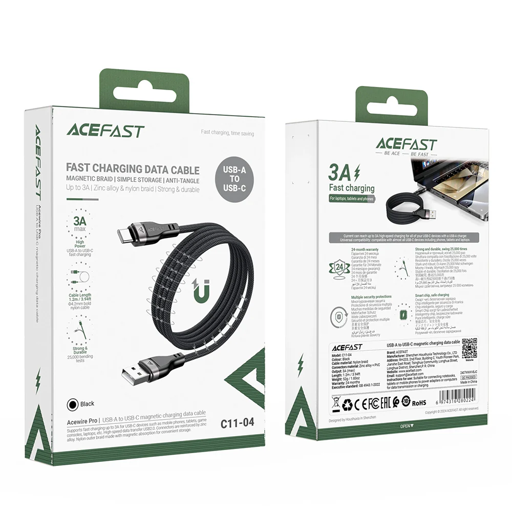 USB-A to USB-C Data and Charging Cable Acefast C11-04, 18W, 1.2m, Black - Image 8