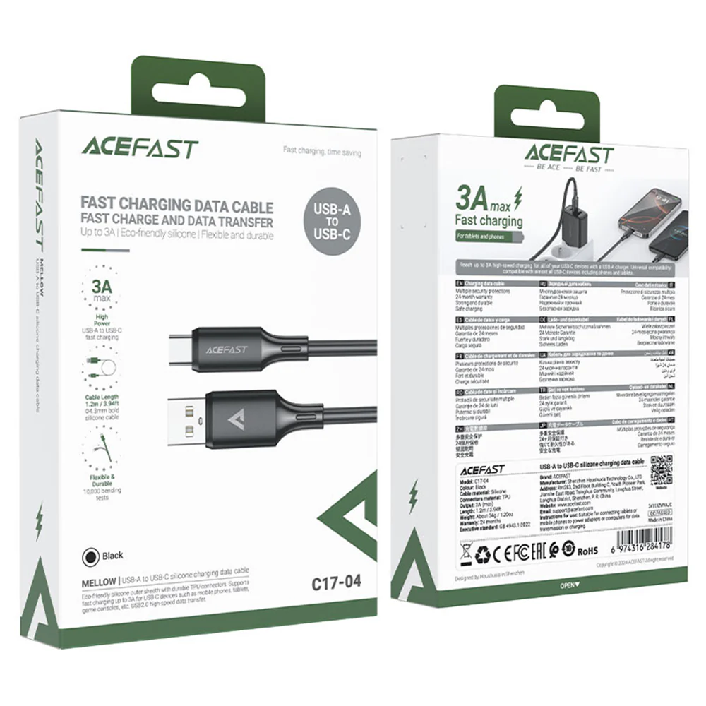 USB-A to USB-C Data and Charging Cable Acefast C17-04, 18W, 1.2m, Black - Image 7