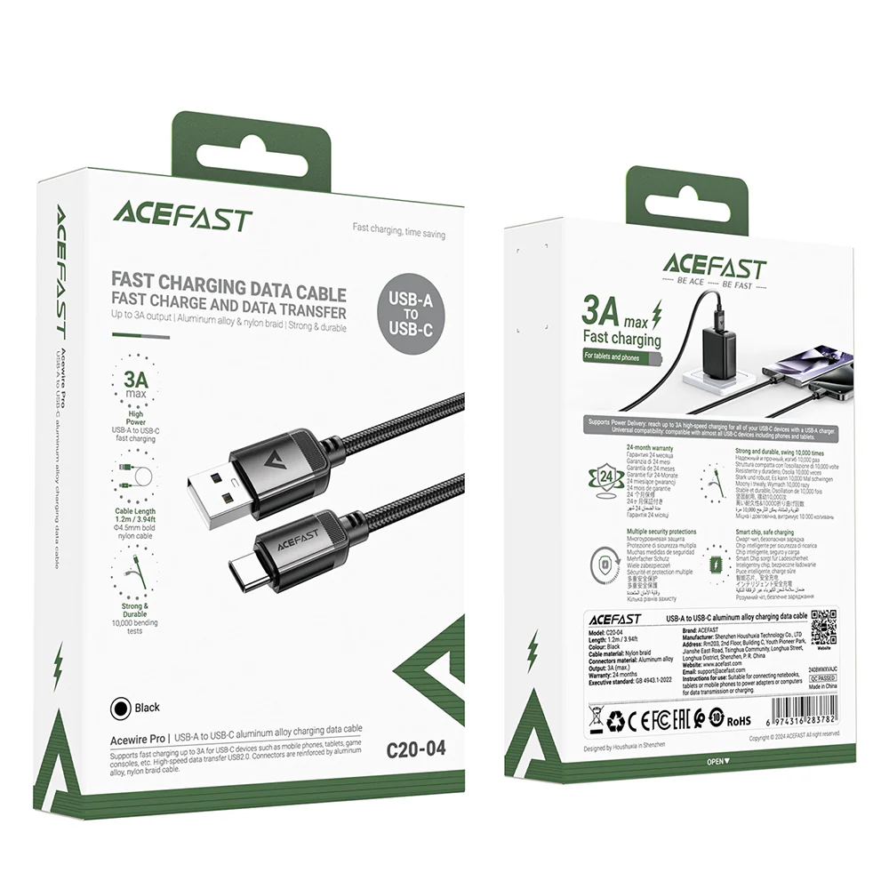 USB-A to USB-C Data and Charging Cable Acefast C20-04, 18W, 1.2m, Black - Image 7
