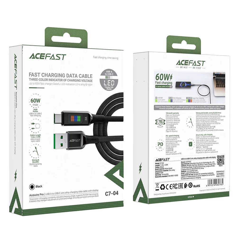 USB-A to USB-C Data and Charging Cable Acefast C7-04, 18W, 1.2m, Black - Image 7