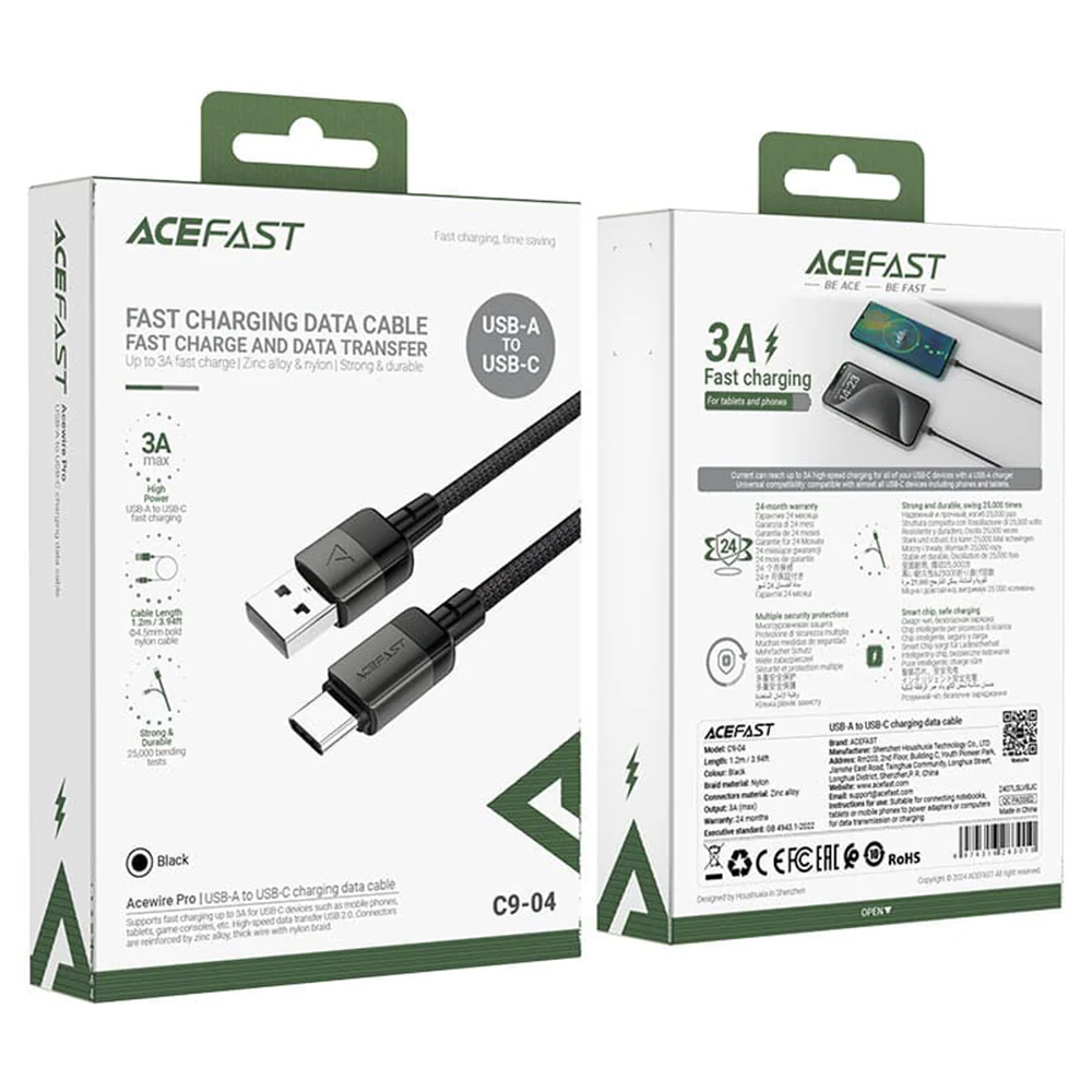 USB-A to USB-C Data and Charging Cable Acefast C9-04, 18W, 1.2m, Black - Image 7