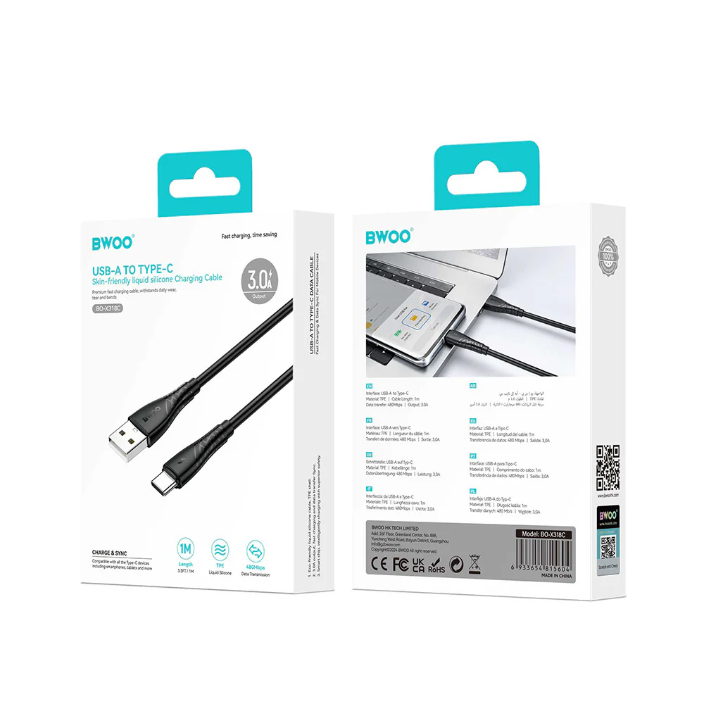 USB-A to USB-C Data and Charging Cable BWOO BO-X318C, 27W, 1m, Black - Image 4