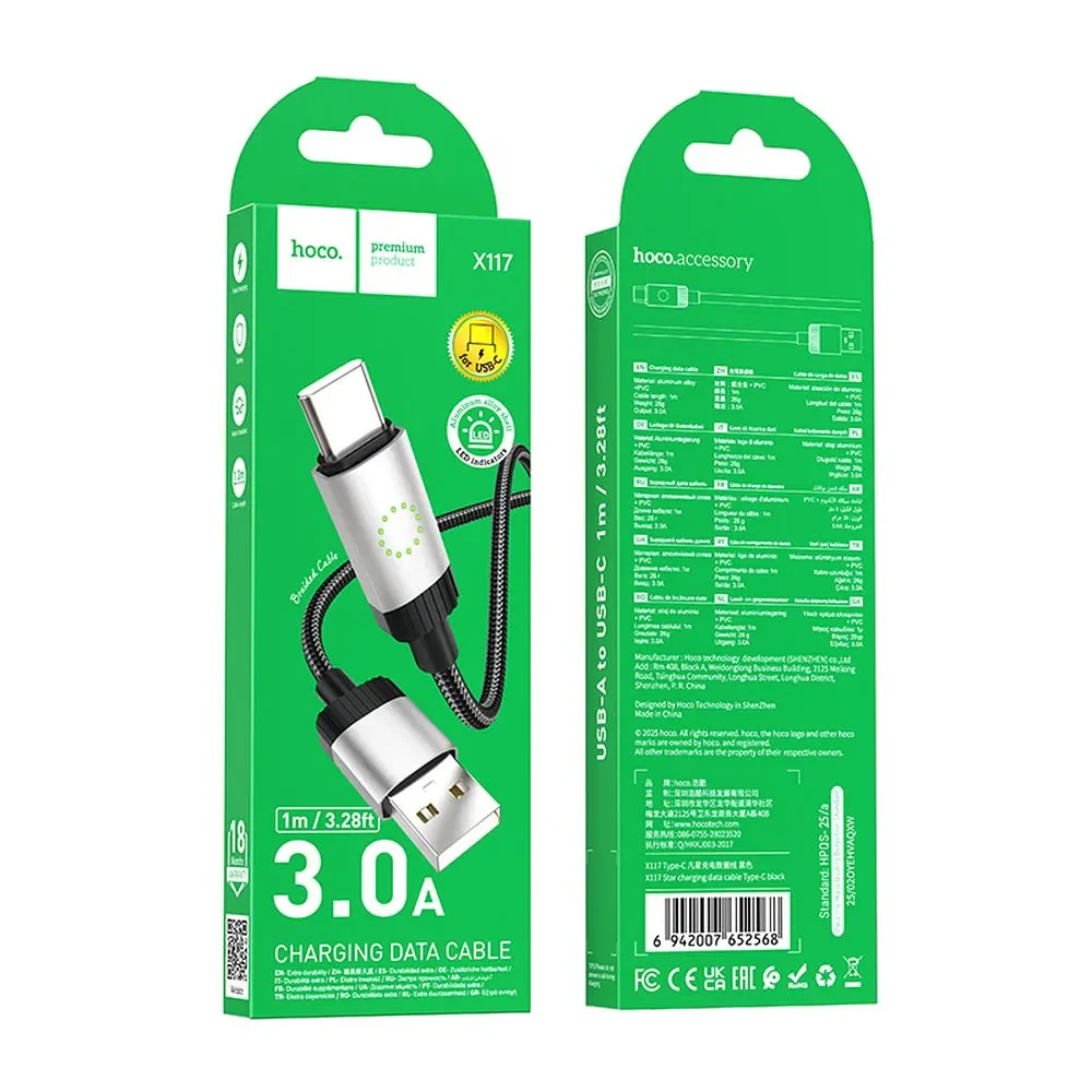 USB-A to USB-C Data and Charging Cable HOCO X117, 60W, 1m, Black - Image 5