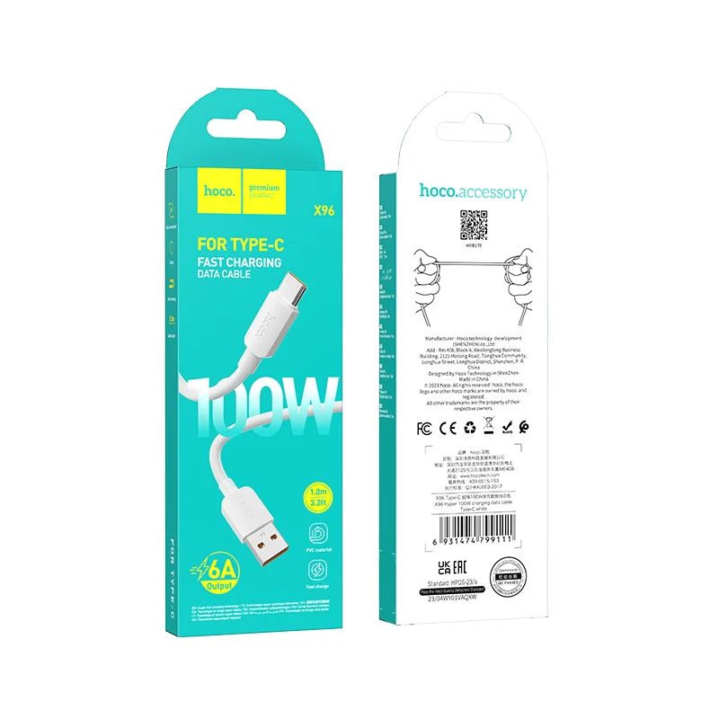 USB-A to USB-C Data and Charging Cable HOCO X96, 100W, 1m, White - Image 2