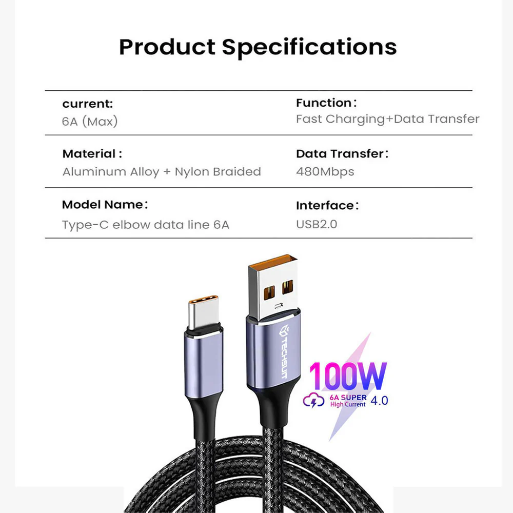 USB-A to USB-C Data and Charging Cable Techsuit PCB018, 100W, 1m, Black - Image 7