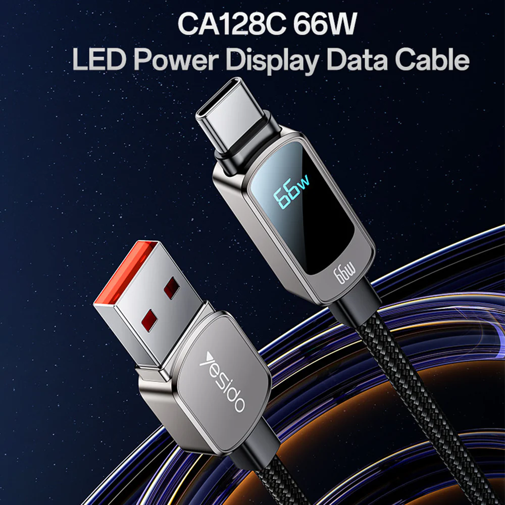 USB-A to USB-C Data and Charging Cable Yesido CA128C Display, 66W, 1.2m, Black - Image 2
