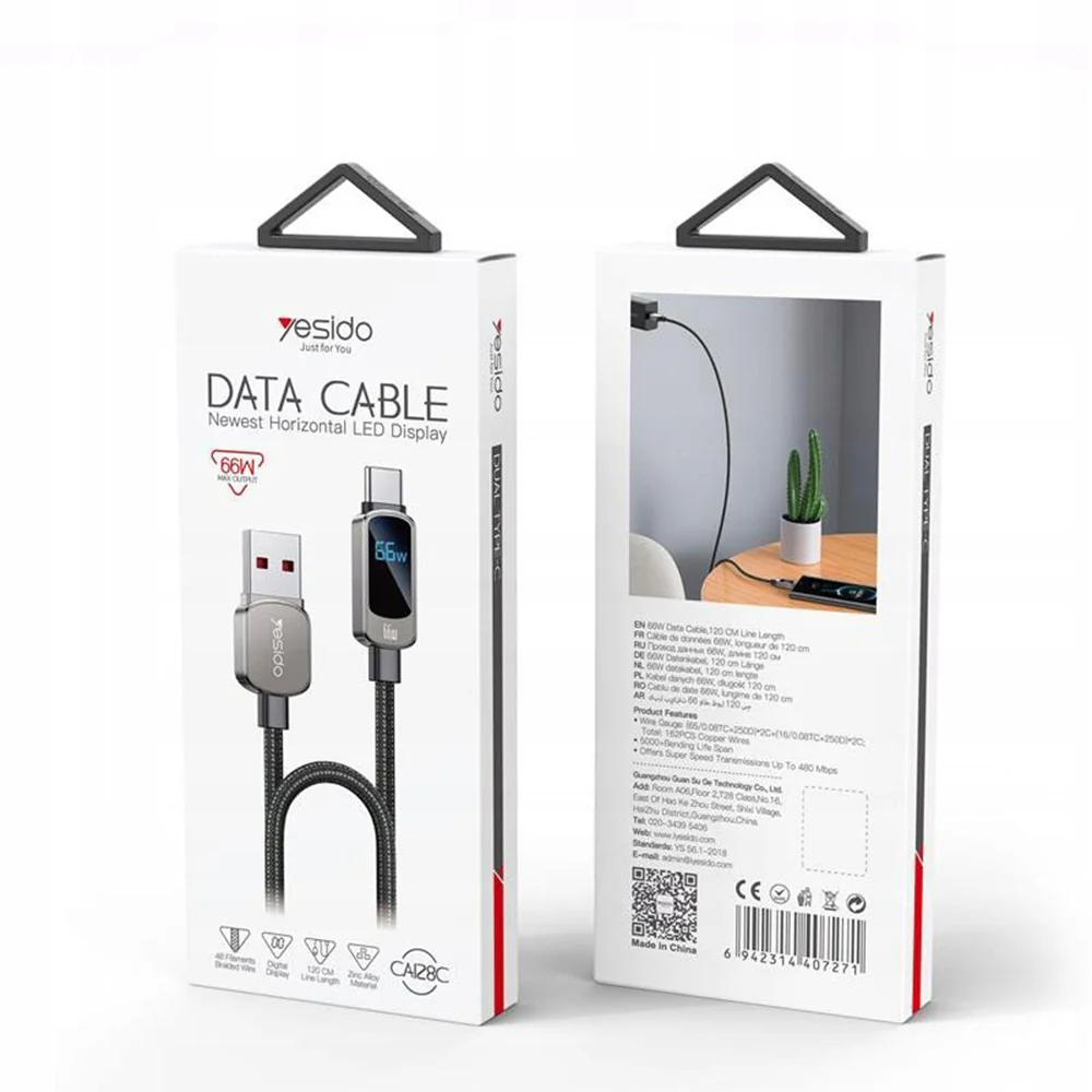 USB-A to USB-C Data and Charging Cable Yesido CA128C Display, 66W, 1.2m, Black - Image 3