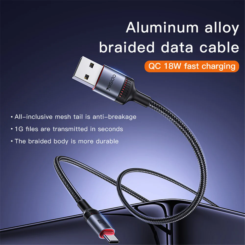 USB-A to USB-C Data and Charging Cable Yesido CA130C, 18W, 2m, Black - Image 2
