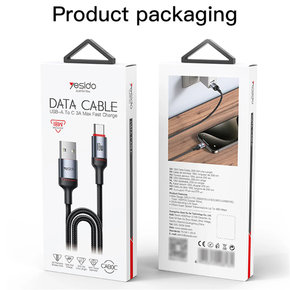 USB-A to USB-C Data and Charging Cable Yesido CA130C, 18W, 2m, Black - Image 6