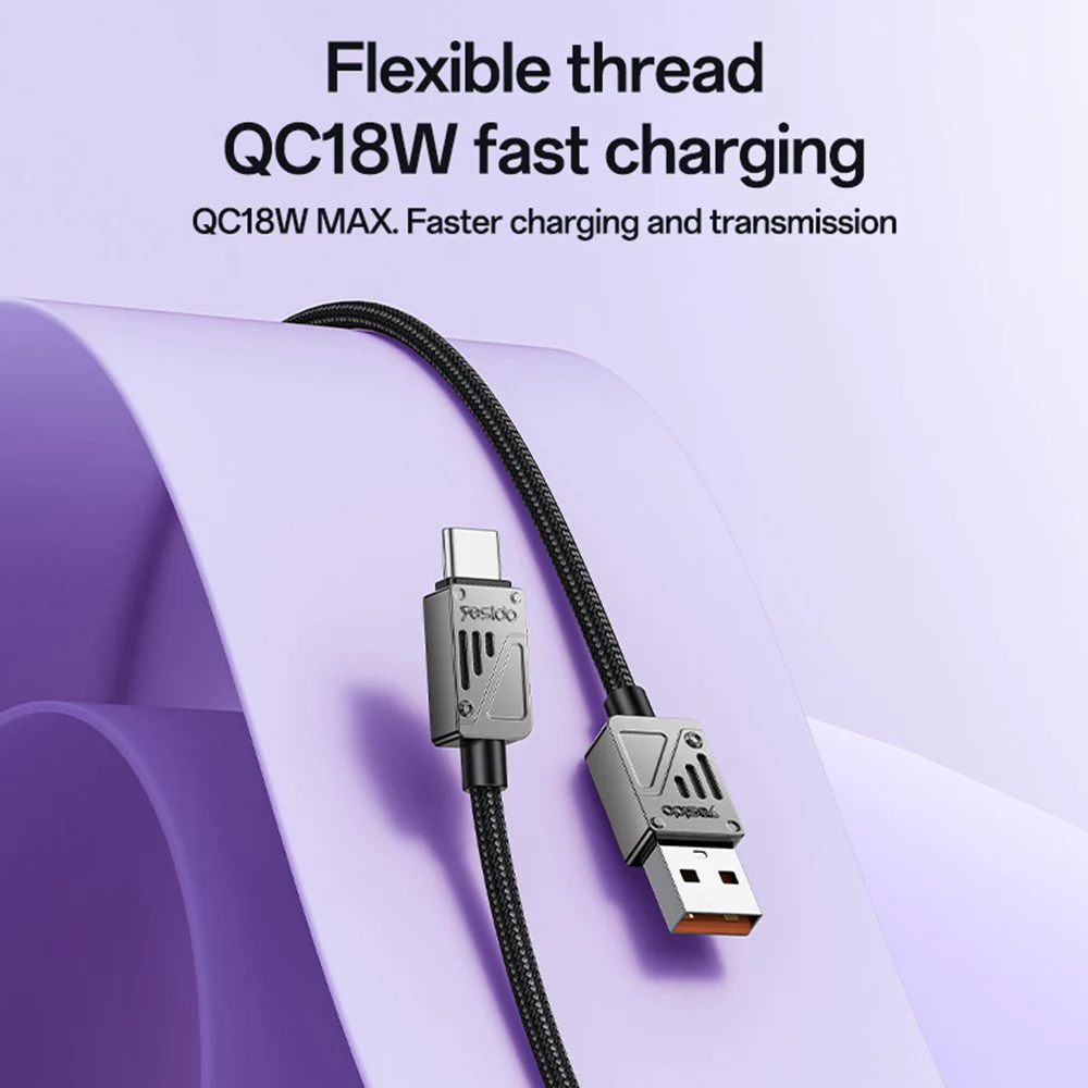 USB-A to USB-C Data and Charging Cable Yesido CA135C, 18W, 1.2m, Black - Image 2