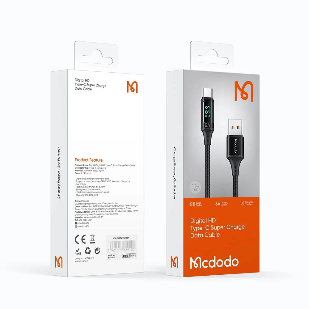 USB-A to USB-C McDodo CA-1080 Display Data and Charging Cable, 66W, 1.2m, Black - Image 7