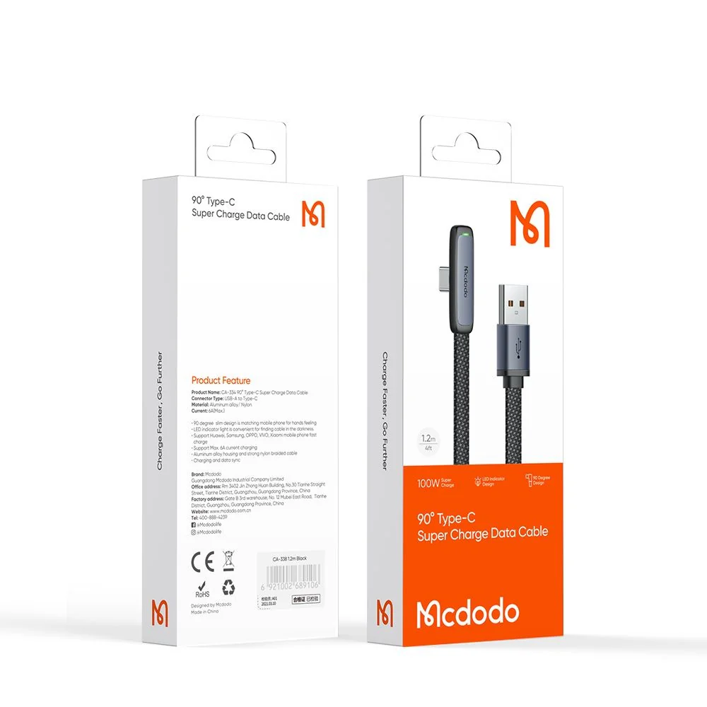 USB-A to USB-C McDodo CA-3340 Angled Data and Charging Cable, 100W, 1.2m, Black - Image 7