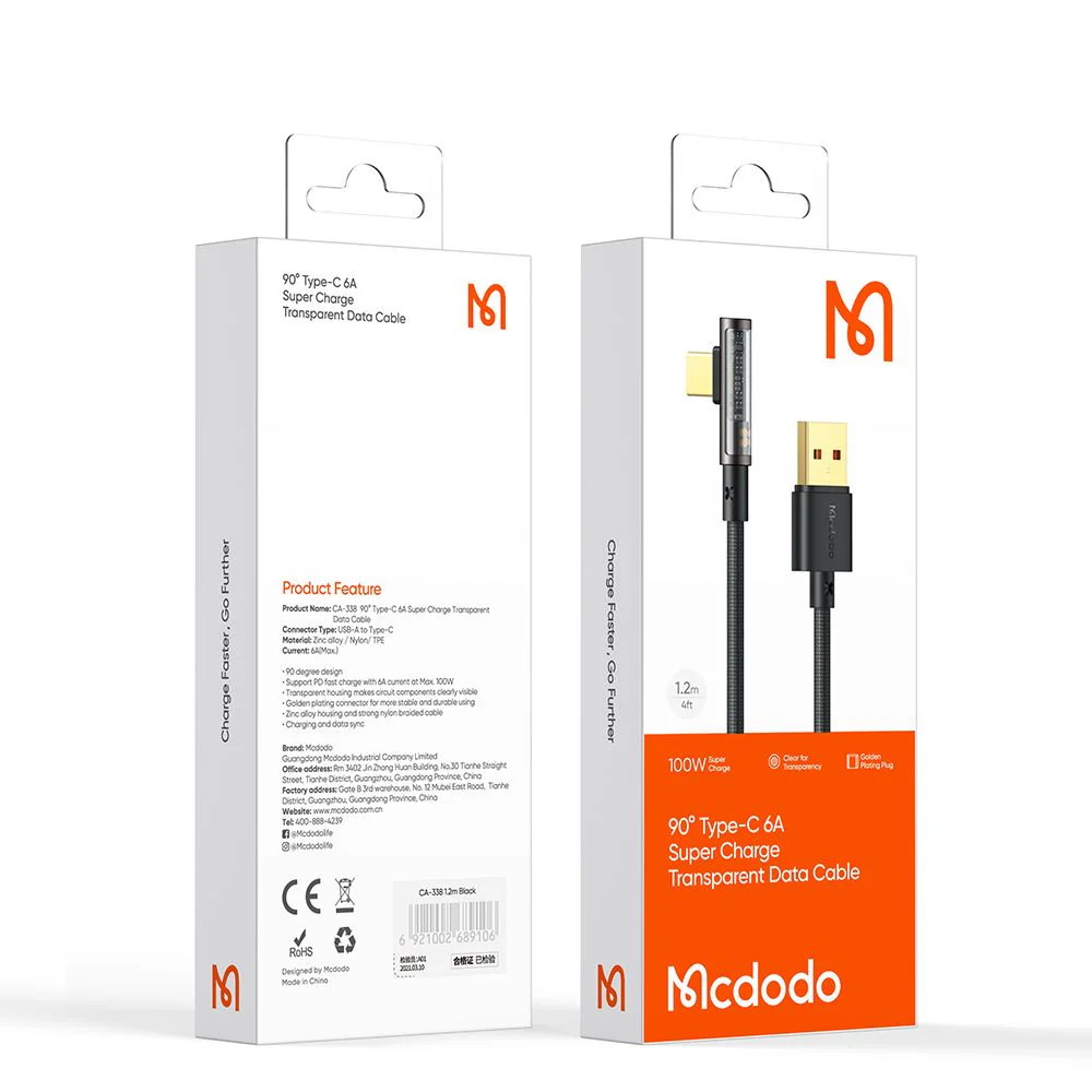 USB-A to USB-C McDodo CA-3380 Angled Data and Charging Cable, 100W, 1.2m, Black - Image 8