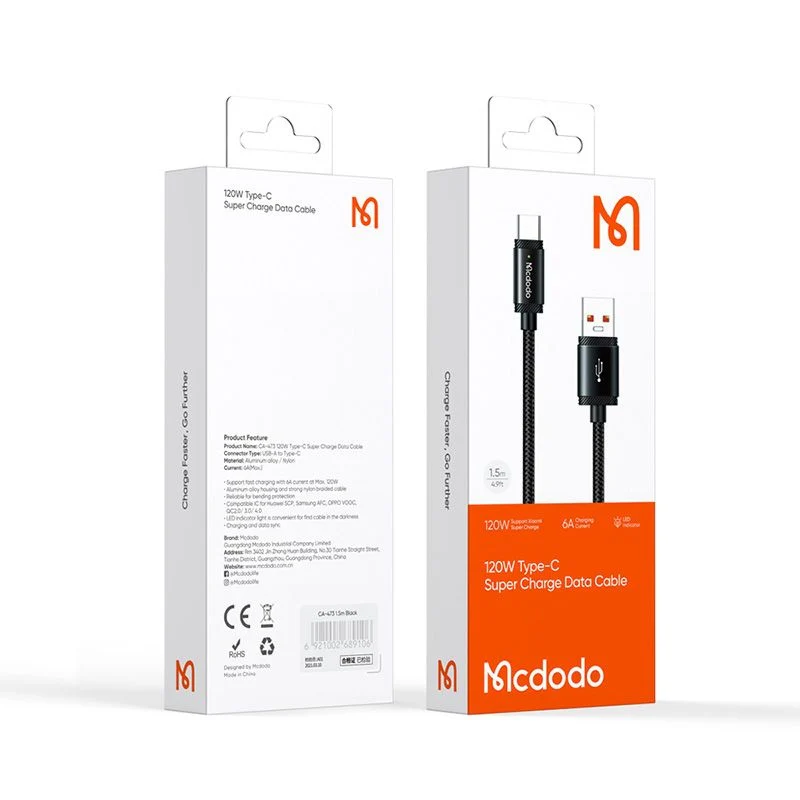 USB-A to USB-C McDodo CA-4730 Data and Charging Cable, 120W, 1.5m, Black - Image 7