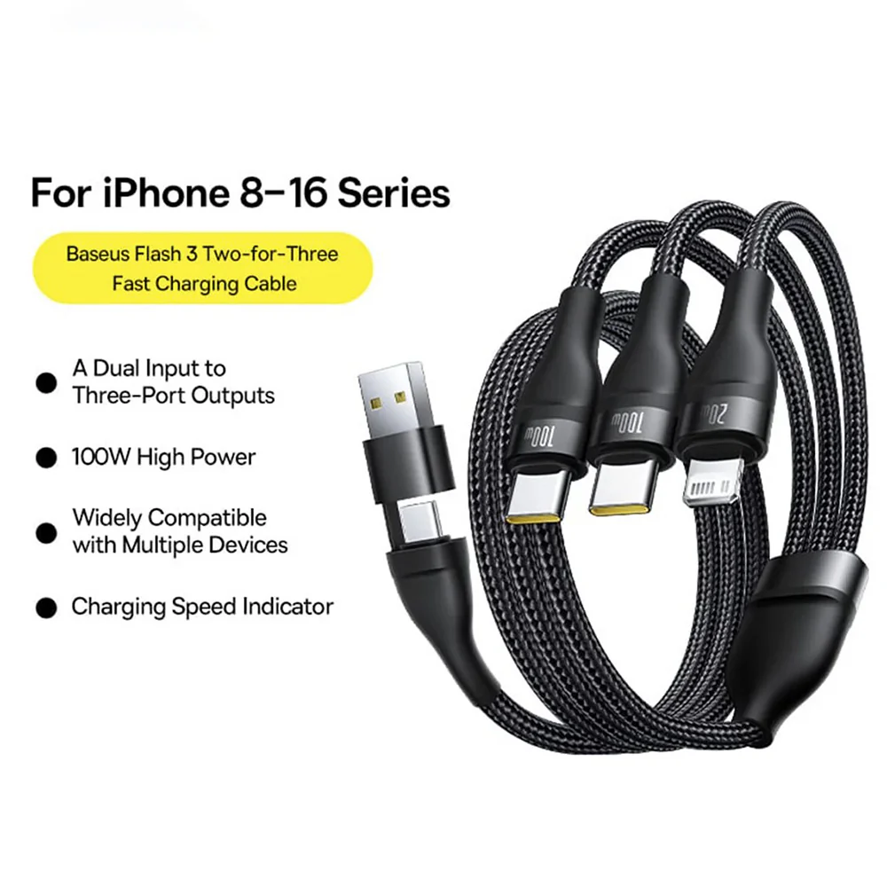 USB-A / USB-C - Lightning / 2 x USB-C Charging Cable Baseus Flash Series III 3in1, 100W, 1.5m, Black P10377501111-00 - Image 3