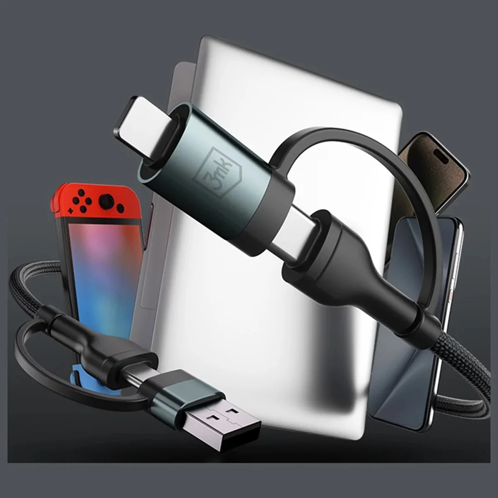 USB-A / USB-C - USB-C / Lightning 3MK Hyper N Data and Charging Cable, 60W, 1.2m, Black - Image 4