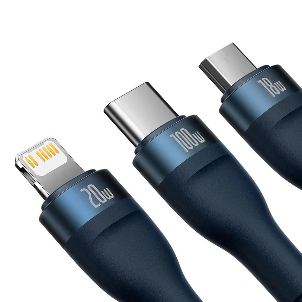 USB-C Charging Cable - Lightning / microUSB / USB-C Baseus Flash Series II 3in1, 100W, 1.5m, Blue CASS030203 - Image 2