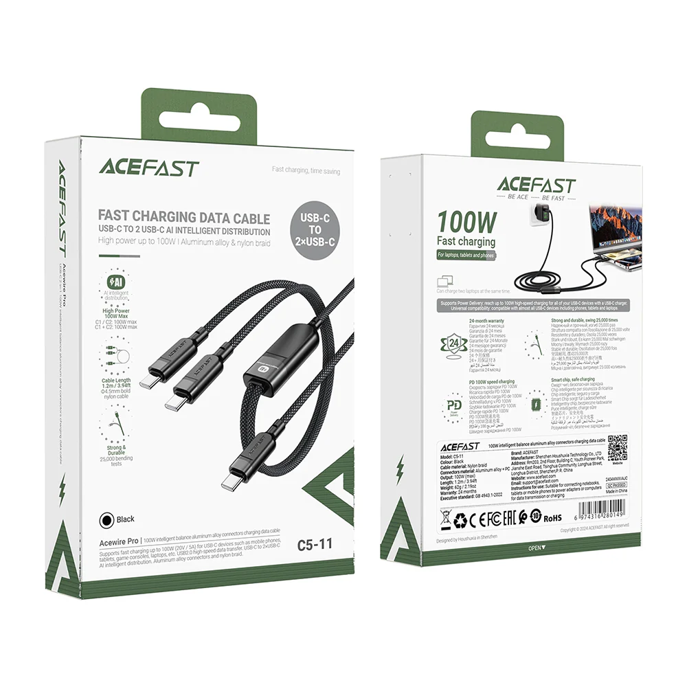 USB-C Data and Charging Cable - 2 x USB-C Acefast C5-11, 100W, 1.2m, Black - Image 7